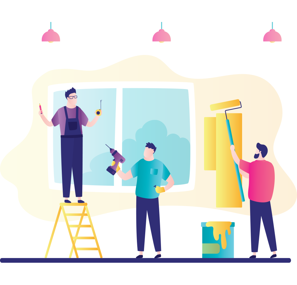 Ember Support Services - home and garden maintenance page illustration of three men, one on a ladder, another holding a drill and one guy painting.